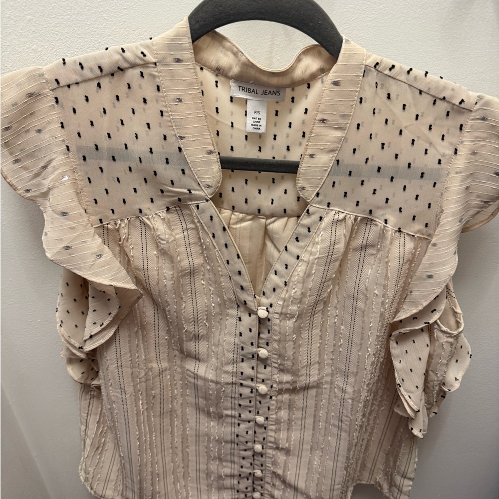 Cream and Black Flutter Sleeve Blouse with Ruffled Bib Collar size small